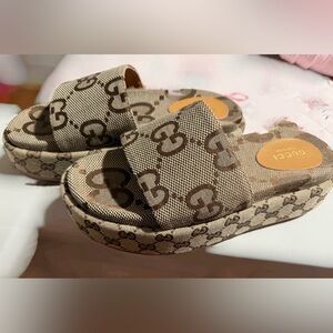Gucci Tan and Brown Monogram Slides